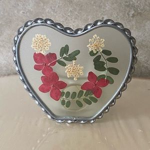 Vintage Pressed Flowers Pewter Heart Shape Glass Votive Tea Light Candle Holder
